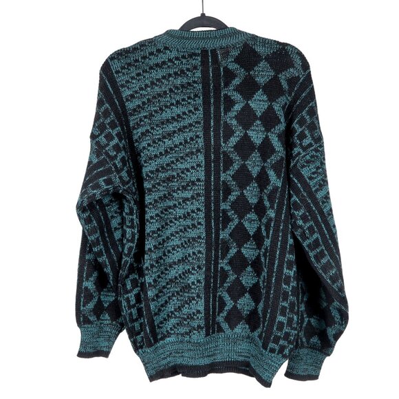 Aspetuck Trading Co VTG Sweater XL Mens Geometric Black Green Leather Trim - Picture 5 of 5